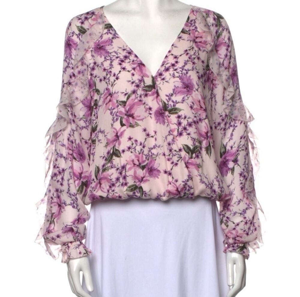 Cami NYC Eden Silk Floral Blouse Long Sleeve Lilac Ruffle Small Cottagecore U2